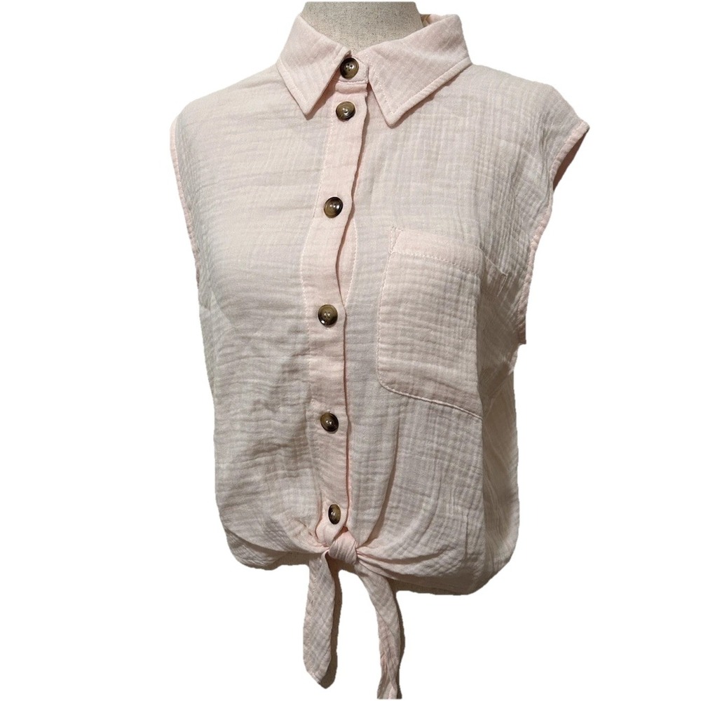 Grace & Mila‎ Paris Pink Cotton Gauze Sleeveless Tie Front Button Down Top Small